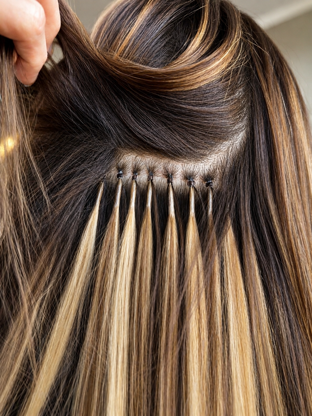 Close up of nano tip extension placement showing bead detail